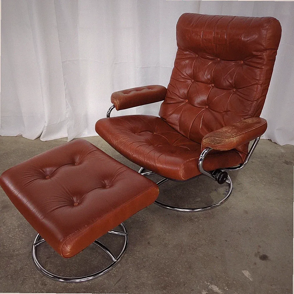 1970s Ekornes Stressless Caramel Leather Swivel Recliner w/Ottoman Chrome Base