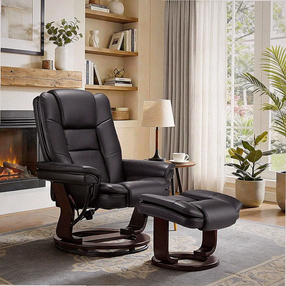 Argus Swivel Recliner with Ottoman, PU Leather & Wood Base Reclining Chair with