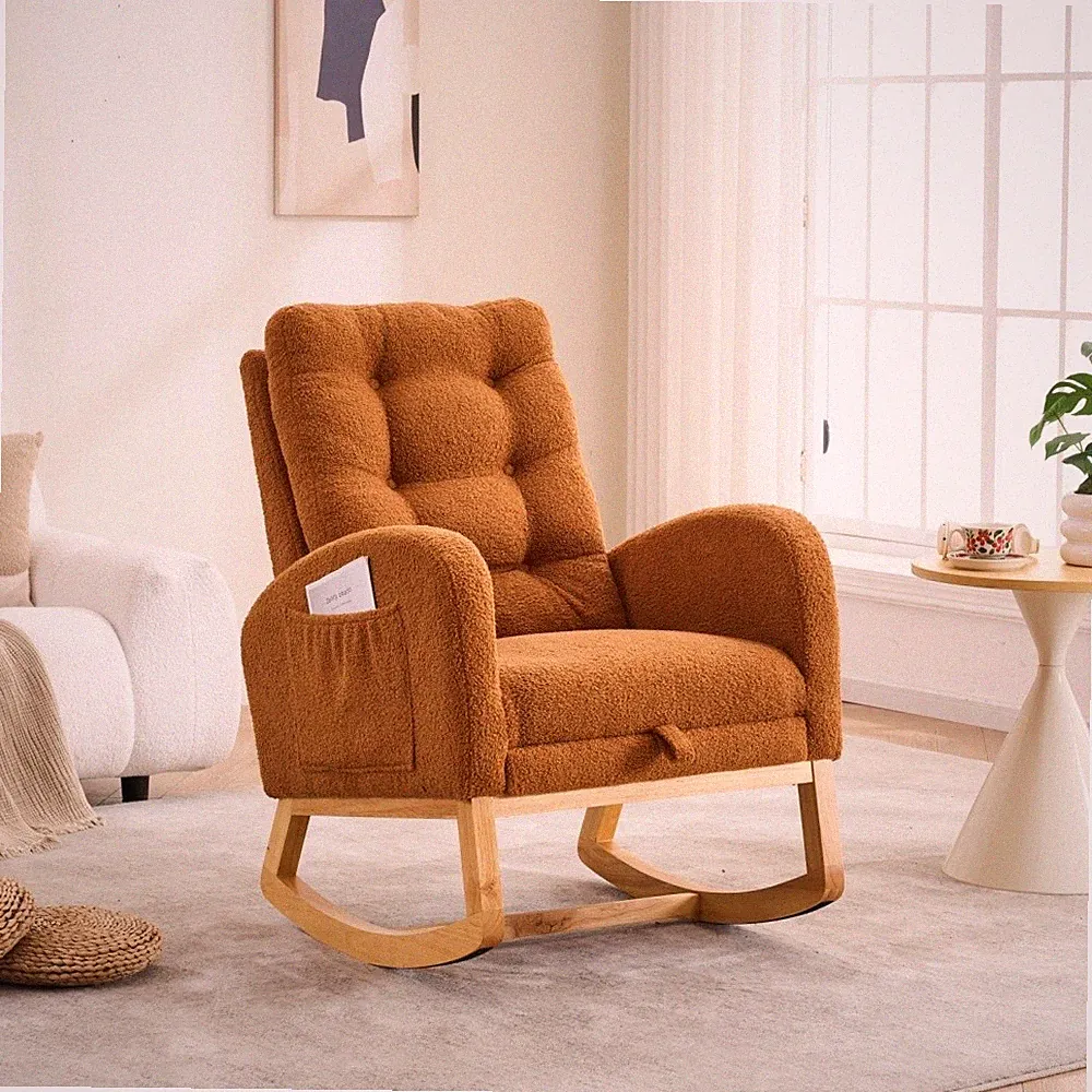 Caramel Accent Rocking Chair with Footrest High Back Rubber Wood Rocking