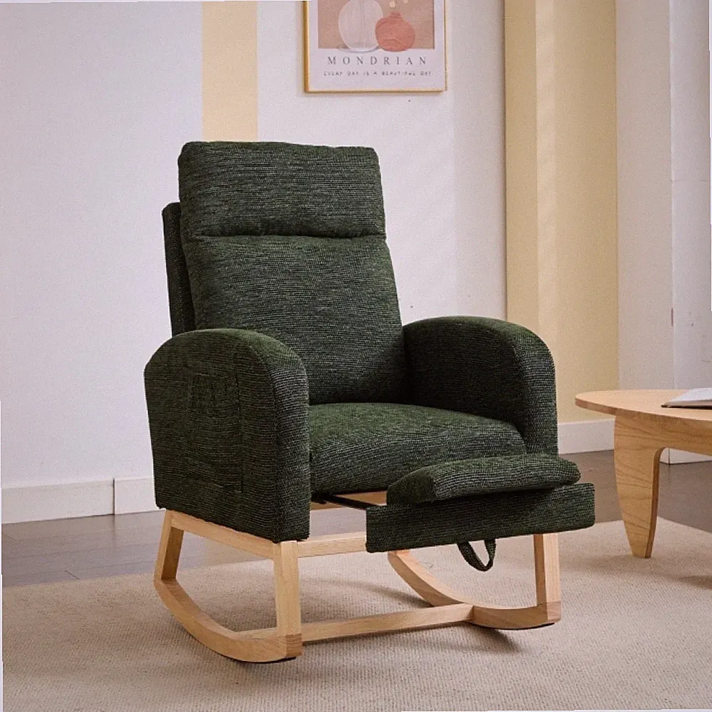 Rocking Chair Solid Wood Legs With Side Pockets High Back