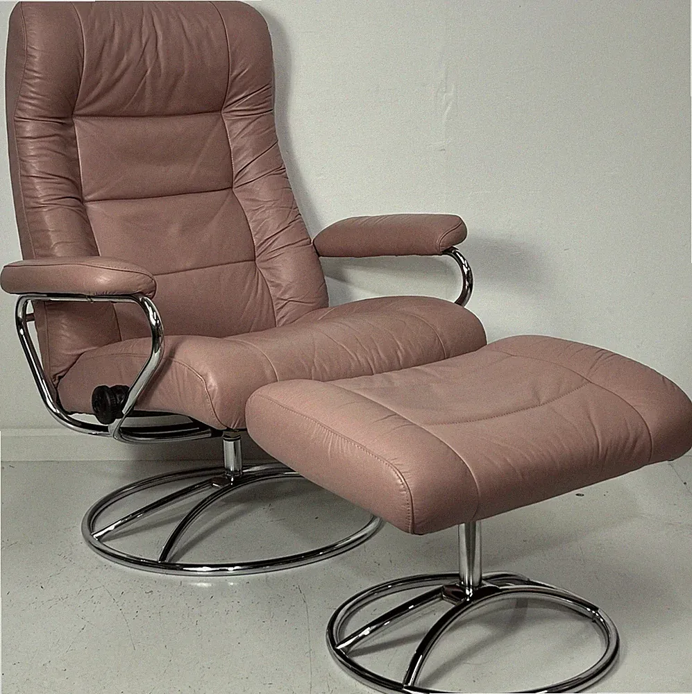 Vintage Mid Century Ekornes Stressless Recliner Ottoman Rose Leather Chrome Base